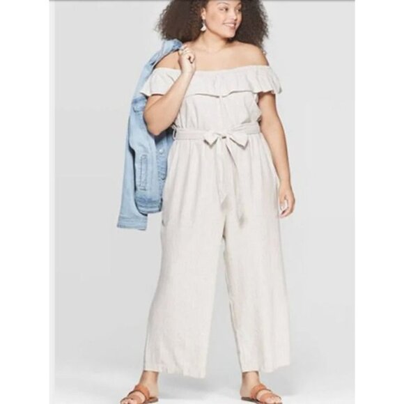 Universal Thread Jumpsuit‎ Womens sz M Beige Off Shoulder Linen Blend Stripe - Picture 1 of 16